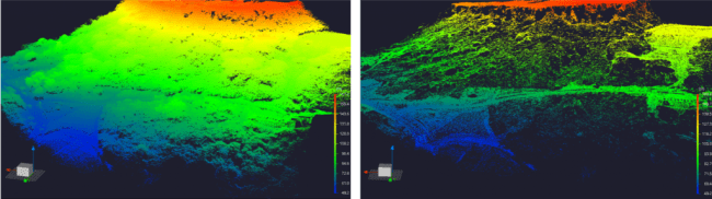 ドローンレーザを活用すれば、オリジナルデータ（左）から地表面データ（右）が取得可能
