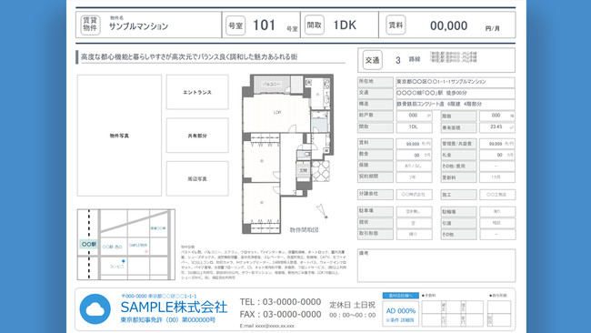 ▲　上記はEdrawMaxで無料で利用できる賃貸用マイソクのテンプレートです。