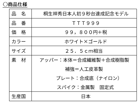 桐生祥秀選手モデルの陸上短距離用スパイクシューズを９足限定発売
