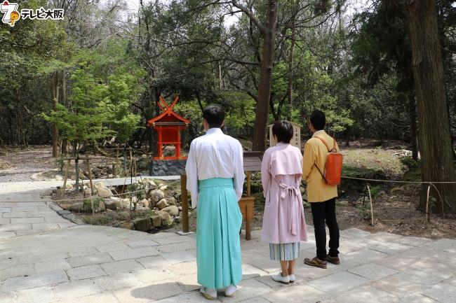 140年振りに再興された龍王社を眺める三田村と村井