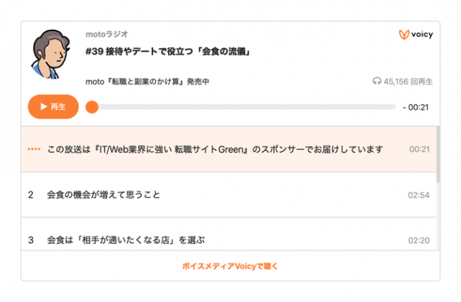 （note記事内に埋め込んだVoicyの放送の表示イメージ）