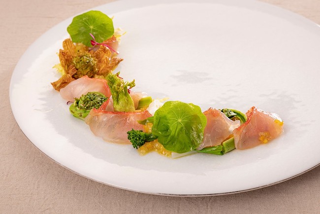 「金目鯛と山菜 柑橘フルーツのヴィネグレットソース」 「金目鯛と山菜 柑橘フルーツのヴィネグレットソース」