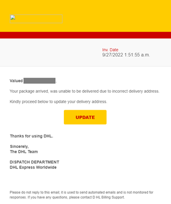 画像1：「Undelivered DHL(ParcelShipment)」という件名の悪質なメール
