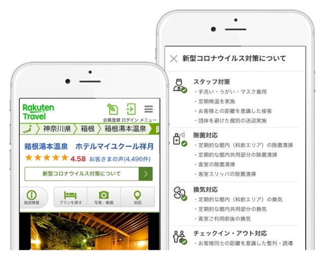 （左）宿泊施設の予約ページに新たに「新型コロナウイルス対策について」のリンクを表示 ／（右）リンクをクリックすると、対策状況閲覧ページが開く＜一例＞