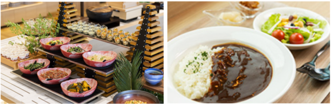 （左から順に）2位 静岡県「ホテルオーレ　イン」の朝食ビュッフェ、夕食のカレーライス（一例）