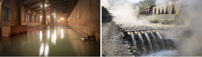 （左から順に）2位 秋田県「効能溢れる癒しの湯治宿　玉川温泉」の大浴場、別館の外観の様子