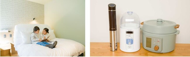 Bed&Mattress／電動アジャスタブルベッド（左）、アイリスオーヤマ／低温調理器、ヨーグルトメーカー、電気圧力鍋（右）