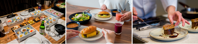 夕食の「国産鴨と湯葉のしゃぶしゃぶ鍋＆おばんざいセット」（左）、洋朝食（中央）、出張シェフプラン（右）