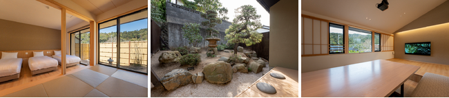 別棟「離れ」の寝室と和室（左）、本棟客室の縁側と日本庭園（中央）、八雲山を望む本棟客室2階のリビング（右）