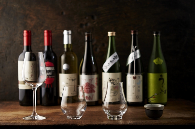左から、ワイン3種、日本酒3種、 梅種1種　イメージ