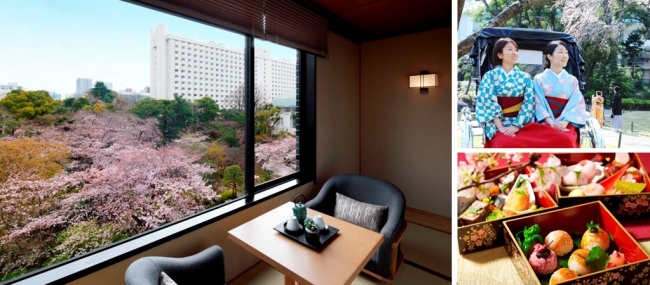 「高輪 花香路」眼下に日本庭園を望む和室（左）、人力車イメージ（右上）、はんなり小箱“SAKURA”（右下）