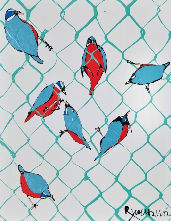 今井 龍満（1976～） [ 7 Small birds perched on green net fence 2017 ]