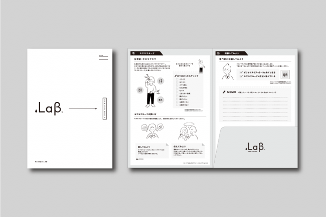 ピリオドノート （生理の期間・血液量・周期で生理タイプを確認して記載したり、自分の症状がかかれたモヤモヤカードをファイリングしたりすることができる。さらに、ノートに記載されたQRコードから、専門家に後日相談もできる）