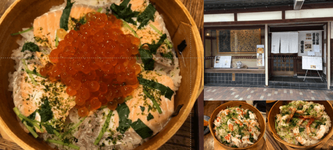 わっぱ飯「鮭親子」（1500円、新香・味噌汁付き、左）「かに」「えび」（下右）