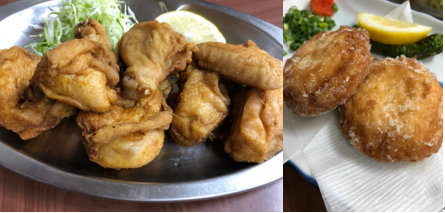 カレー味の鶏唐揚げ（左）海老しんじょう揚げ（右）