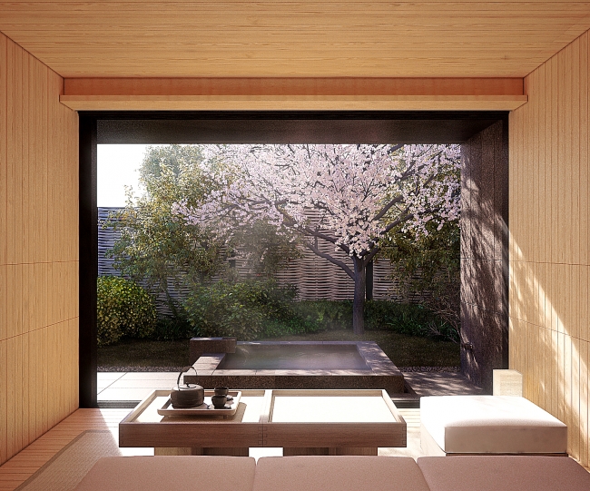 春には桜を愛でながらフレッシュな温泉を堪能できるツキヴィラ専用の東屋 Onsen HANARE
