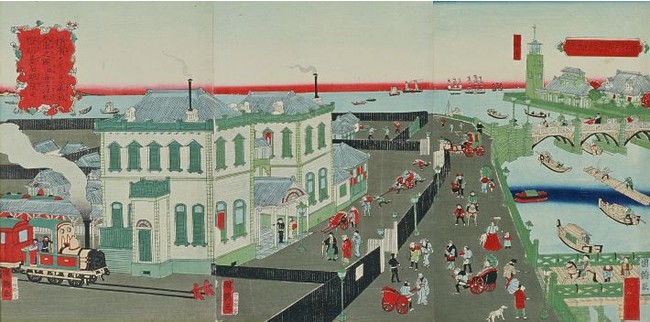 「横浜商館並ニ辨天橋図 横浜ステーション蒸気入車之図 並ニ海岸洋船燈明台を眺望す」歌川国鶴 年不明 「横浜商館並ニ辨天橋図 横浜ステーション蒸気入車之図 並ニ海岸洋船燈明台を眺望す」歌川国鶴 年不明
