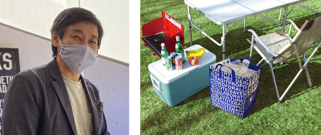 左から）株式会社ルートート 代表取締役 神谷富士雄／ビカバのベースになったアウトドア用のゴミ箱になるトート「ルー・ガービッジ」。『ゴミは思い出と共に持ち帰ろう』という想いから、ROOTOTEが2012年に開発した。
