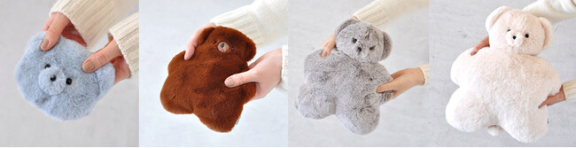 左から　テディウォーマーS、テディウォーマーM、テディウォーマーL、テディブランケット