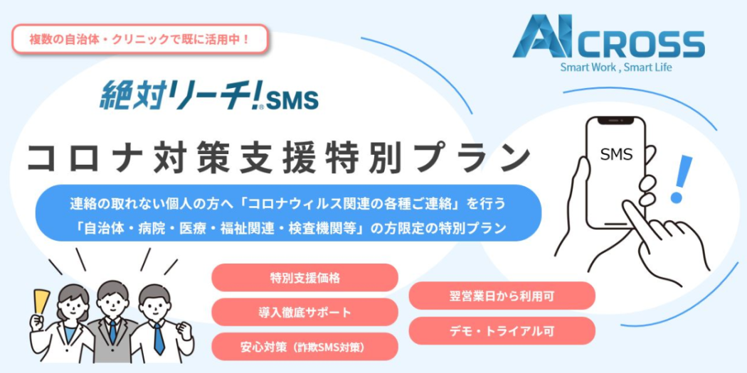 電話よりsms 感染対策現場を支える有効ツールに 医療機関 自治体 検査機関での需要に対し Smsコロナ対策支援プラン開始 Ai Cross株式会社のプレスリリース