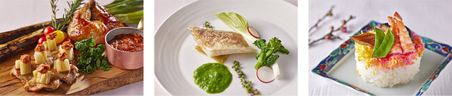 （左）鶏もも肉のコンフィ カルソッツ添え／（中央）甘鯛の松笠焼き 菜の花のサルサヴェルデ／（右）蒸し寿司