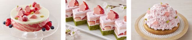 左:さくらベリーとフロマージュブランムース/中央:さくらのショートケーキ/右:さくらの木のタルト 左:さくらベリーとフロマージュブランムース/中央:さくらのショートケーキ/右:さくらの木のタルト