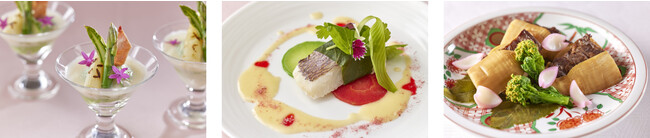 左:グリーンアスパラガスのババロワとホワイトアスパラガスのクーリ/中央:真鯛のバプール/右:筍牛肉挟み焼 左:グリーンアスパラガスのババロワとホワイトアスパラガスのクーリ/中央:真鯛のバプール/右:筍牛肉挟み焼
