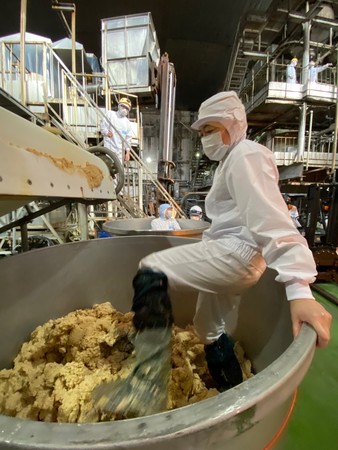 味噌？が均一に発酵するように、人の力で丁寧に空気を抜きながら仕込む。