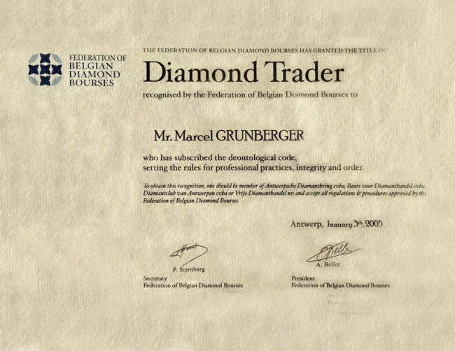 ベルギーダイヤモンド協会よりダイヤモンドトレーダーの称号を授与される
