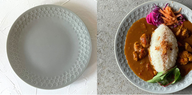 美濃焼の大皿（左）と盛りつけイメージ