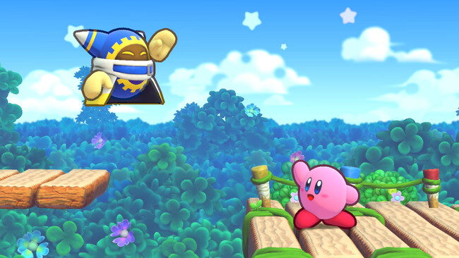 Nintendo Switch用ソフト『星のカービィ Wii デラックス』のゲーム画面。 左上の青い衣装のキャラクターがマホロアです。