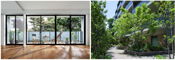 『イニシア世田谷松陰神社前』フラットな室内空間・既存樹を活かした緑豊かなアプローチ