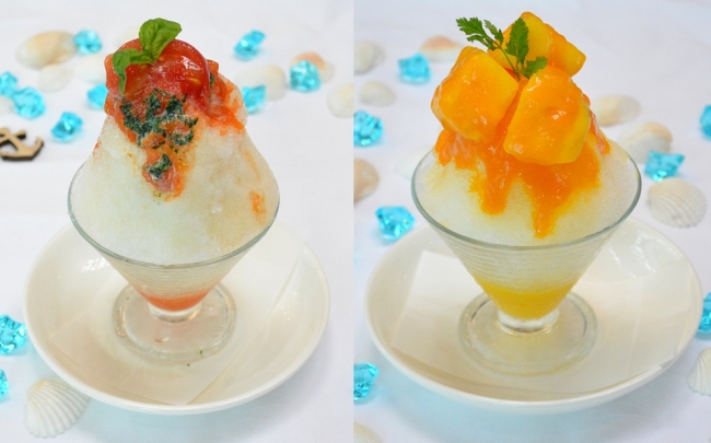 (左）「賀茂トマトとバジルの練乳がけ氷」(右）「マンゴーかき氷」