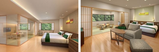 左：「本館 デラックス和洋室」イメージ、右：「別館 飛鳥 デラックス和洋室」イメージ