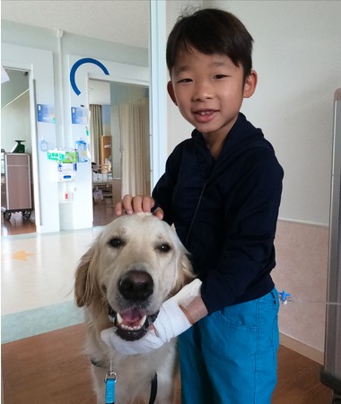 静岡県立こども病院で、後任犬タイと触れ合いを楽しむお子さん