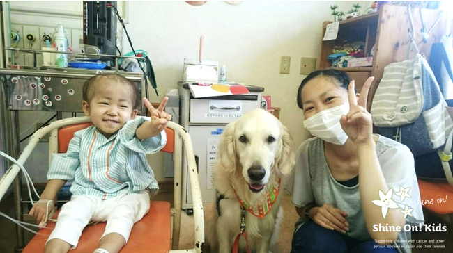 静岡県立こども病院で調査期間中に活動していたファシリティドッグのヨギの様子。ベッドサイドに訪問したヨギを挟んで、患者のお子さん（左）とそのお母様（右）