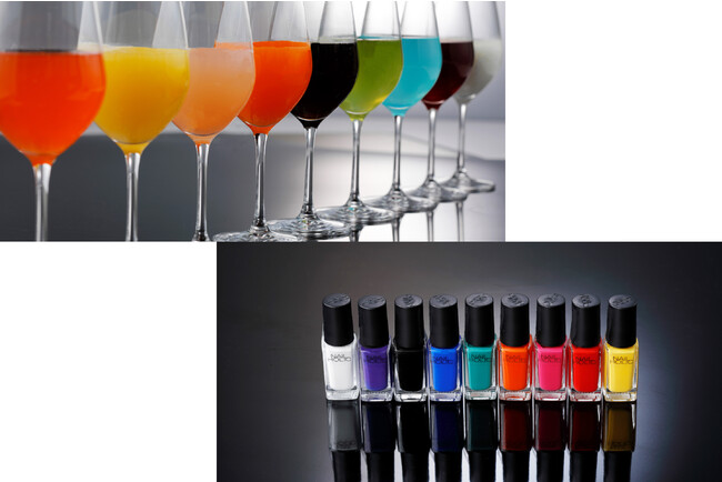 (上) 乾杯用推しカラーモクテル9色（下）NAIL HOLIC：推しカラーネイルポリッシュ9色