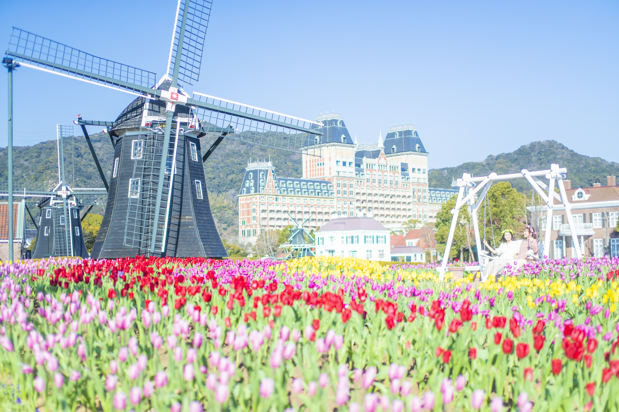 風車 チューリップ まるで春のオランダにいるみたい 日本で一番早く満開のチューリップが楽しめる 100万本のチューリップ祭 ハウステンボス 株式会社のプレスリリース