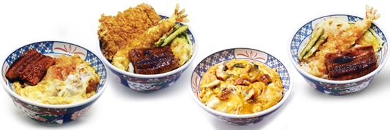 写真左から「うなひれかつ丼」「オールスター丼」「うな玉丼」「うな天丼」