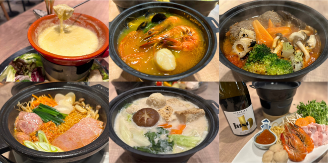 左上から時計回りに、糸島野菜のチーズフォンデュ、ブイヤーベース、牛ハツハンバーグのトマト煮込み鍋、タイスキ、鶏団子の豆乳鍋、プデチゲ