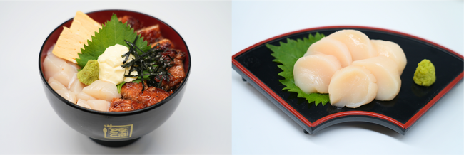 左:うな飯増しとプリプリホタテの相盛り丼、右:北海道産帆立のお造り 左:うな飯増しとプリプリホタテの相盛り丼、右:北海道産帆立のお造り