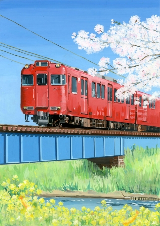 写真：赤い電車の春