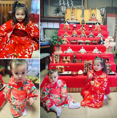 今年の雛祭りに、眞弓さんが赤ちゃんのときの着物を着た星波ちゃんと虹波ちゃん。