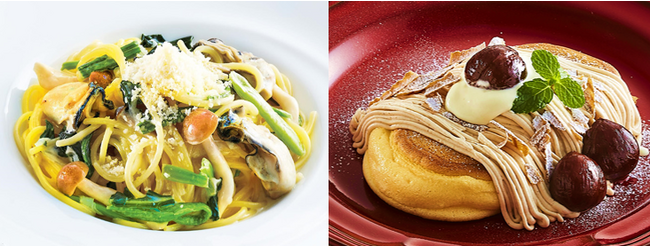 左：牡蠣とほうれん草のクリームパスタ、右：栗薫るモンブランパンケーキ