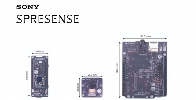 （左から）SPRESENSE メインボード、カメラボード、拡張ボード