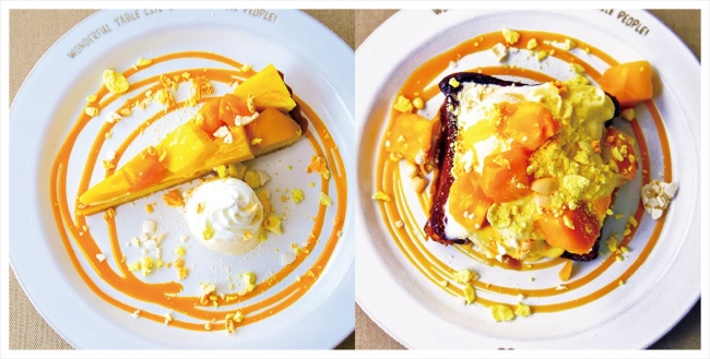 ▲(左)アップルマンゴーとパインのタルト Café・Dinner(単品)780yen (右)ブリオッシュフレンチトースト　-マンゴー＆バニラクリーム- Café・Dinner(単品)880yen