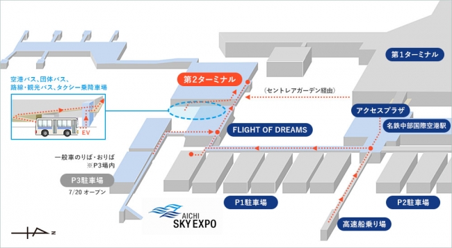 T2は現在の旅客ターミナルビル（T1）の南側に位置しFLIGHT OF DREAMSに隣接する