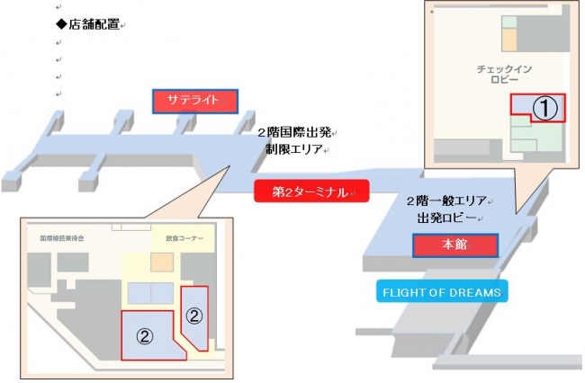 第2ターミナル館内地図　①はおみやげ館　②は免税店