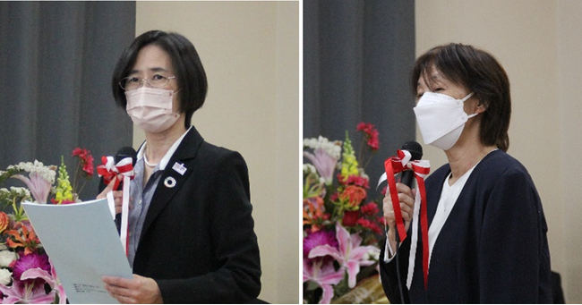 左:かわさき生活クラブ理事長 佐野めぐみ、右:生活クラブ神奈川理事長 篠崎みさ子による挨拶 左:かわさき生活クラブ理事長 佐野めぐみ、右:生活クラブ神奈川理事長 篠崎みさ子による挨拶