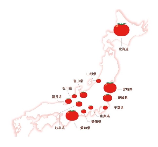 産地地図：コーミ公式サイト「国産トマト100％トマトケチャップ」より作成（トマトの大きさは作付面積を表しています）